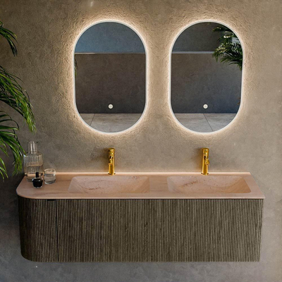 MONDIAZ KURVE-DLUX meuble de salle de bains 145cm arrondi gauche couleur Shadow avec 1 tiroir et 1 porte. Lavabo LEAF double / droite 2 trous de robinet Saba.