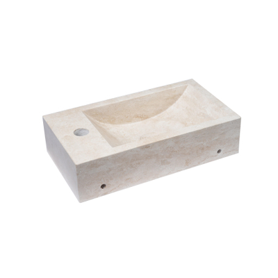 FugaFlow Eccelente Pietra Ensemble fontaine - 40x22x10cm - trou de robinet à droite - robinet de fontaine mat blanc - bouchon de vidange - siphon abaissé - pierre naturelle marbrée