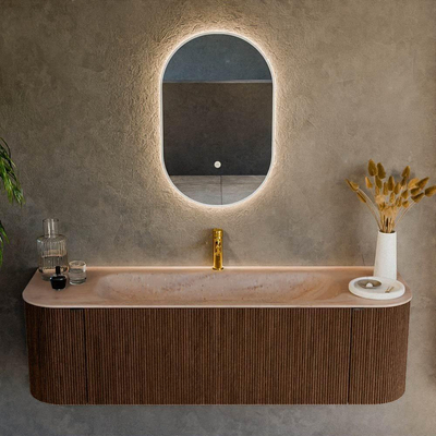 MONDIAZ KURVE-DLUX Meuble de salle de bains 150cm arrondi à gauche + à droite couleur Walnut avec 1 tiroir et 2 portes. Lavabo BIG MEDIUM Central 1 trou de robinet Saba.