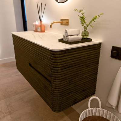 Mondiaz CIRO-DLUX Meuble de salle de bains - 110x45x50cm - Plan vasque solid surface Opalo - 1 lavabo central - sans trous de robinetterie - 2 tiroirs - Shadow