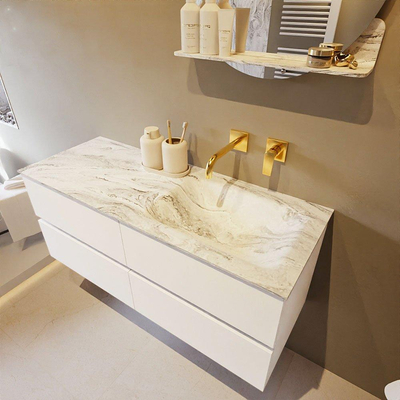 Mondiaz VICA-DLUX ensemble de meuble de salle de bain - 120cm - meuble sous lavabo talc - 4 tiroirs - lavabo encastré cloud droite - sans trous de robinet - version haute de 60cm - glace