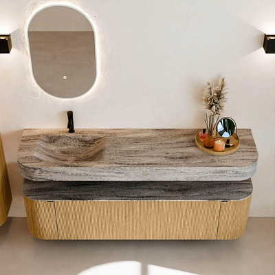 MONDIAZ THOR-DLUX 170cm badmeubel ronding links + rechts kleur Oak met 1 lade en 2 deuren. Vrijhangende wastafel CLOUD Links 1 kraangat kleur Oza.