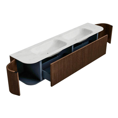 MONDIAZ KURVE-DLUX 200cm badmeubel met module 25 Len R kleur Walnut met 2 lades en 2 deuren. Wastafel STOR SMALL dubbel 2 kraangaten kleur Opalo.