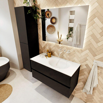 MONDIAZ VICA 100cm meuble sous lavabo Urban 2 tiroirs. Lavabo MOON à droite sans trou de robinet, couleur Talc.