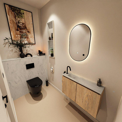 MONDIAZ TURE-DLUX Meuble toilette - 80cm - Washed Oak - EDEN - vasque Opalo - position gauche - 1 trou de robinet