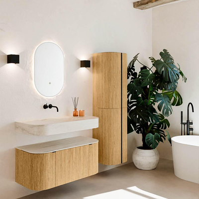 MONDIAZ THOR-DLUX 100cm badmeubel ronding links + rechts kleur Oak met 1 lade en 2 deuren. Vrijhangende wastafel CLOUD Midden zonder kraangat kleur Meli.