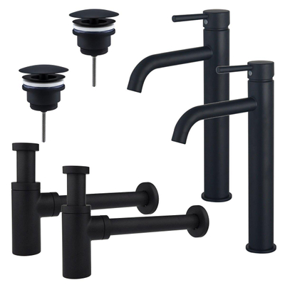 FortiFura Calvi Kit robinet lavabo - pour double vasque - robinet rehaussé - bonde non-obturable - siphon design - Noir mat