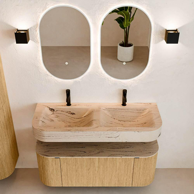 MONDIAZ THOR-DLUX 120cm meuble de salle de bains arrondi gauche + droite couleur Chêne avec 1 tiroir et 2 portes. Vasque suspendue CLOUD Double 2 trous de robinet couleur Arena.