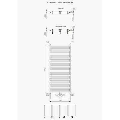 Plieger Florian Nxt M designradiator enkel horizontaal met middenaansluiting 1406x600mm 881W wit