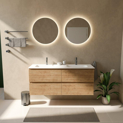Saniclass Holz Pure Ensemble meuble de salle de bains - 140x45x61.5cm - lavabo Flow en solid surface blanc - 2 vasques - 2 trous de robinetterie - 4 tiroirs - chêne natural mat (bois)