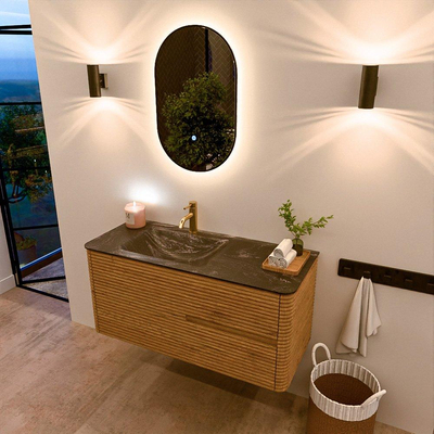 Mondiaz CIRO-DLUX Badkamermeubelset - 110x45x50cm - Solid surface wastafel Lava - 1 wasbak Links - 1 kraangat - 2 lades - Oak