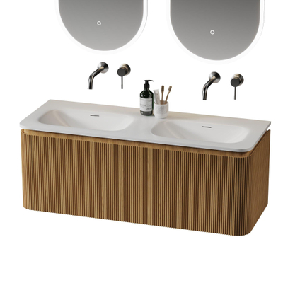 Saniclass Terra Edge Wastafelonderkast- 120cm - ribbel - 2 lades - afgeronde hoeken - sandwood (licht eiken)