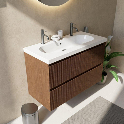 Saniclass Holz Atelier Ensemble meuble de salle de bains - 100x45x63.5cm - lavabo Palermo en céramique blanc - 1 vasque - 2 trous de robinetterie - 2 tiroirs - mat walnut pure (bois)