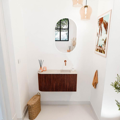 Mondiaz JOYA-DLUX 81.6cm toiletmeubel - ronding links kleur Ruby - Wastafel FAYE positie Rechts Zonder kraangat kleur Frappe.