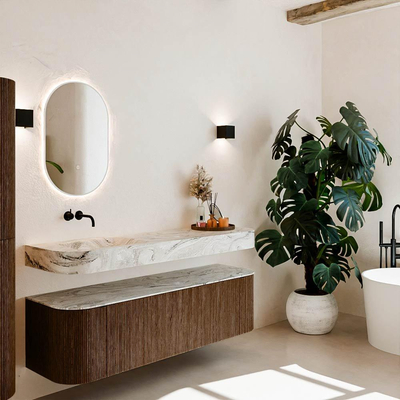 MONDIAZ THOR-DLUX 160cm meuble de salle de bains arrondi gauche + droite couleur Walnut avec 1 tiroir et 2 portes. Vasque suspendue CLOUD Gauche sans trou de robinet couleur Glace.