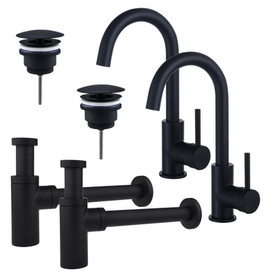 FugaFlow Eccelente Sobrado Kit robinet lavabo - pour double vasque - robinet haut - bec rotatif - bonde non-obturable - siphon design - Noir mat