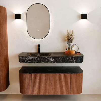 MONDIAZ THOR-DLUX 120cm meuble de salle de bains arrondi gauche + droite couleur Ruby avec 1 tiroir et 2 portes. Vasque suspendue CLOUD Gauche 1 trou de robinet couleur Lava.