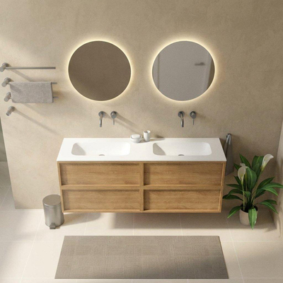 Saniclass Holz Frame Ensemble de meubles de salle de bains - 160x45x61.5cm - Flow lavabo en solid surface blanc - 2 vasques - sans trous de robinetterie - 4 tiroirs - chêne natural mat (bois)