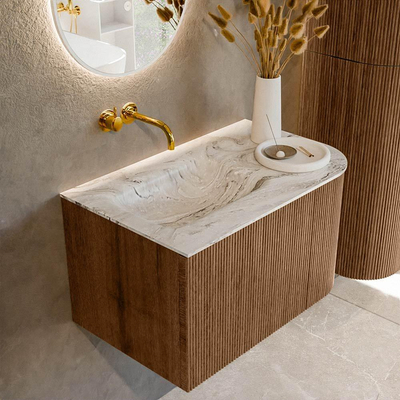 MONDIAZ KURVE-DLUX 75cm Meuble salle de bain avec module 25 D - couleur Walnut - 1 tiroir - 1 porte - vasque GRUNNE gauche - sans trou de robinet - couleur Glace