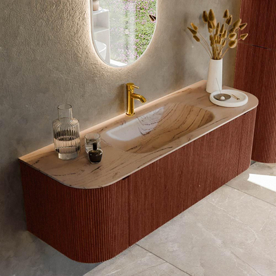 MONDIAZ KURVE-DLUX Meuble de salle de bains 140cm arrondi Gauche + Droite couleur Ruby avec 1 tiroir et 2 portes. Lavabo BIG SMALL Central 1 trou de robinet Arena.