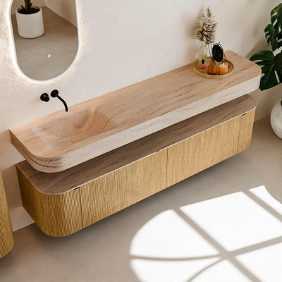 MONDIAZ THOR-DLUX 200cm meuble de salle de bains arrondi gauche + droite couleur Oak avec 2 tiroirs et 2 portes. Vasque suspendue CLOUD Gauche sans trou de robinet couleur Saba.