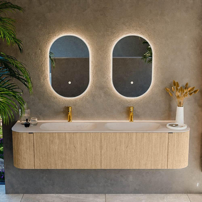 MONDIAZ KURVE-DLUX Meuble de salle de bains 190cm arrondi Gauche + Droite couleur Chêne avec 2 tiroirs et 2 portes. Lavabo STOR SMALL Double 2 trous de robinet Meli.