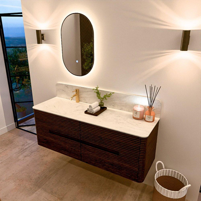 Mondiaz CIRO-DLUX Meuble de salle de bains - 140x45x50cm - Plan vasque solid surface Opalo - 1 vasque à gauche - 1 trou de robinet - 4 tiroirs - Noyer