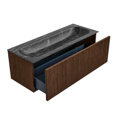MONDIAZ KURVE-DLUX Meuble de salle de bains 120 cm couleur Walnut avec 1 tiroir. Lavabo BIG LARGE central 2 trous de robinetterie couleur Lava.
