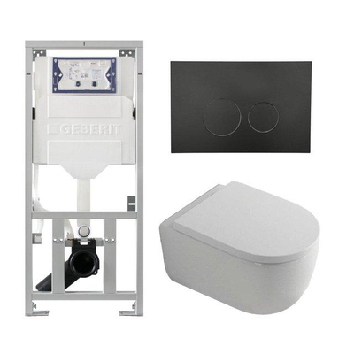 QeramiQ Dely Swirl Ensemble WC- 36.3x51.7cm - Réservoir encastré Geberit UP320 - Abattant de 35mm - Plaque de commande en métal noir mat - Boutons ronds - Blanc brillant