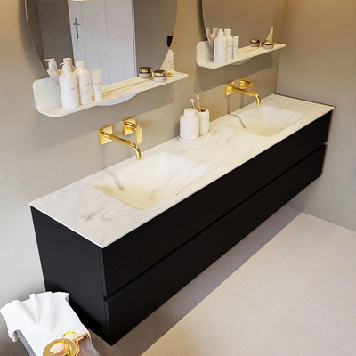 Mondiaz VICA-DLUX ensemble de meuble de salle de bain - 200cm - meuble sous-vasque urbain - 4 tiroirs - lavabo encastré nuage double - sans trous de robinet - version haute de 60cm - opalo