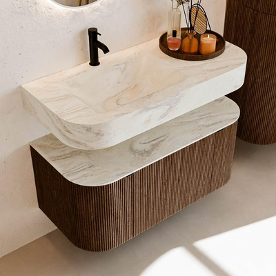 MONDIAZ THOR-DLUX 100cm badmeubel ronding links + rechts kleur Walnut met 1 lade en 2 deuren. Vrijhangende wastafel CLOUD Links 1 kraangat kleur Ostra.