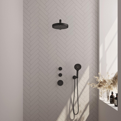 BRAUER Stripe Thermostatische Inbouw Regendouche - SET 04 - 25cm douchekop - rechte muurarm - 3-standen handdouche - doucheslang - wandaansluitbocht - mat zwart