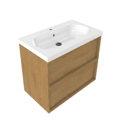 Saniclass Holz Frame Ensemble de meubles de salle de bains - 80x45x63.5cm - lavabo en céramique Palermo blanc - 1 vasque - 1 trou de robinetterie - 2 tiroirs - chêne natural mat (bois)