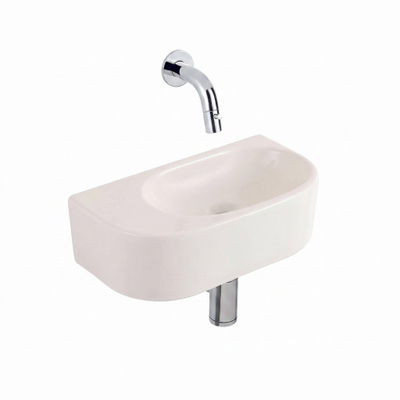 QeramiQ Fuente Fontein - 40x22x12cm - glad - halfrond - zonder fonteinkraangat - keramiek - fonteinkraan chroom - verlaagd sifon - afvoerplug - linnen