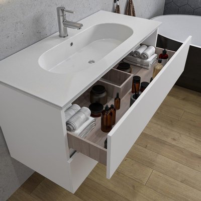 Adema Chaci Meuble salle de bain - 100x46x57cm - 1 vasque ovale en céramique blanche - 1 trou de robinet - 2 tiroirs - miroir rond avec éclairage - blanc mat