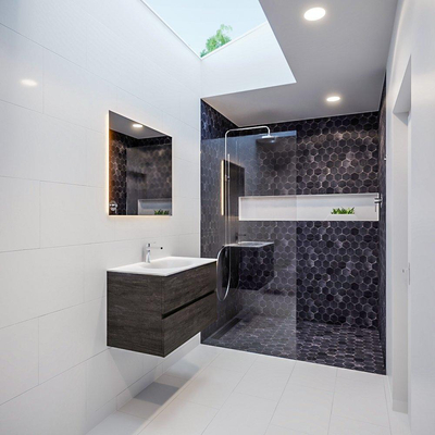 MONDIAZ VICA Ensemble de meuble salle de bain - 80cm - 2 tiroirs - lavabo Moon central - 1 trou de robinet - solid surface marron foncé