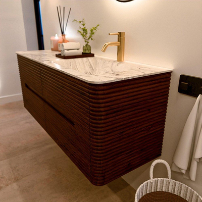 Mondiaz CIRO-DLUX Ensemble de meubles de salle de bains - 130x45x50cm - Vasque solid surface Glace - 1 lavabo à droite - 1 trou de robinet - 4 tiroirs - Ruby