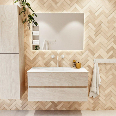 Mondiaz VICA ensemble de meuble de salle de bain - 100cm - meuble sous vasque en aggloméré - 2 tiroirs - lavabo moon milieu - 1 trou de robinet - version haute de 60cm - talc