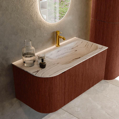 MONDIAZ KURVE-DLUX Meuble de salle de bains 95cm arrondi à gauche couleur Ruby avec 1 tiroir et 1 porte. Lavabo BIG SMALL à droite 1 trou de robinet Nata.
