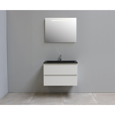 Basic Bella Meuble salle de bains avec lavabo acrylique Noir 80x55x46cm 1 trou de robinet avec miroir et éclairage Blanc brillant