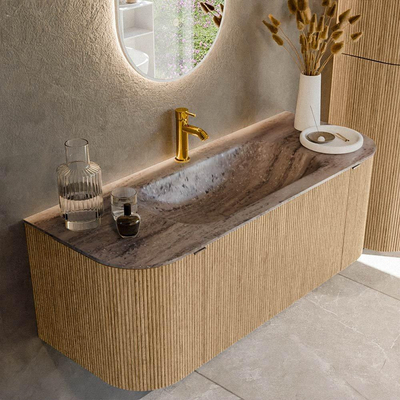 MONDIAZ KURVE-DLUX 120cm badmeubel ronding Links + Rechts kleur Oak met 1 lade en 2 deuren. Wastafel BIG SMALL Midden 1 kraangat Oza.
