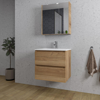 Saniclass Chaci Ensemble meuble de salle de bains - 60x46x55cm - lavabo en céramique blanc - 1 vasque - 1 trou de robinet - 2 tiroirs - armoire de toilette - chêne