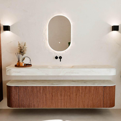 MONDIAZ THOR-DLUX Meuble de salle de bains - 200cm - arrondi gauche + droite - couleur Ruby - 2 tiroirs - 2 portes - Vasque suspendue CLOUD Milieu sans trou de robinet - couleur Ostra