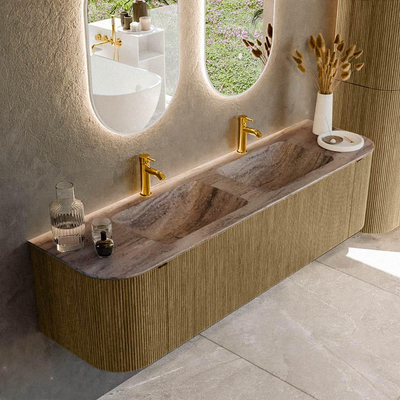 MONDIAZ KURVE-DLUX Meuble de salle de bains 170cm arrondi Gauche + Droite couleur Dusk avec 1 tiroir et 2 portes. Lavabo LEAF Double 2 trous de robinet Oza.