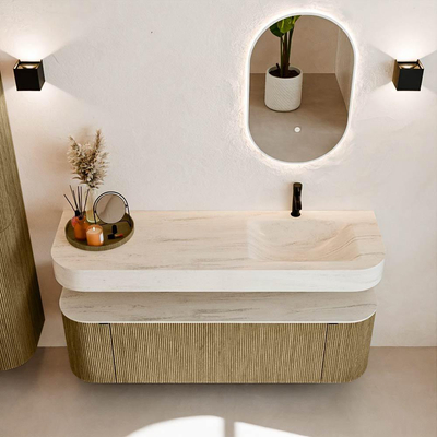 MONDIAZ THOR-DLUX 150cm meuble de salle de bains arrondi gauche + droite couleur Dusk avec 1 tiroir et 2 portes. Vasque suspendue CLOUD Droite 1 trou de robinet couleur Meli.