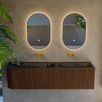 MONDIAZ KURVE 165cm Meuble salle de bain avec module 25 G - couleur Walnut - 2 tiroirs - 1 porte - vasque BIG SMALL double / droite - sans trous de robinet - Urban