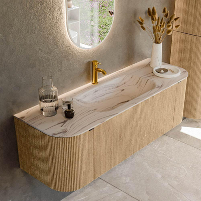 MONDIAZ KURVE-DLUX Meuble de salle de bains 140cm arrondi à gauche + à droite couleur Chêne avec 1 tiroir et 2 portes. Plan-vasque BIG SMALL Central 1 trou de robinet Nata.