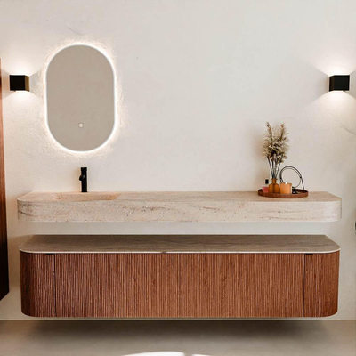 MONDIAZ THOR-DLUX 200cm meuble de salle de bains arrondi gauche + droite couleur Ruby avec 2 tiroirs et 2 portes. Vasque suspendue CLOUD Gauche 1 trou de robinet couleur Saba.