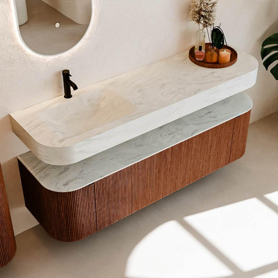 MONDIAZ THOR-DLUX 160cm meuble de salle de bains arrondi gauche + droite couleur Ruby avec 1 tiroir et 2 portes. Vasque suspendue CLOUD Gauche 1 trou de robinet couleur Opalo.