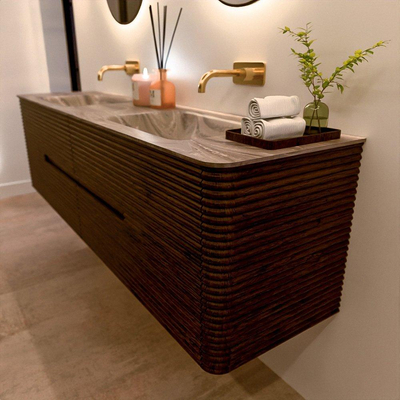 Mondiaz CIRO-DLUX Badkamermeubelset - 180x45x50cm - Solid surface wastafel Sombra - 2 wasbak Dubbel - zonder kraangaten - 4 lades - Walnut